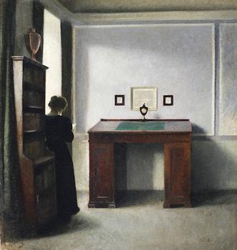 Vilhelm Hammershöi, A writing table and a young woman in an interior.