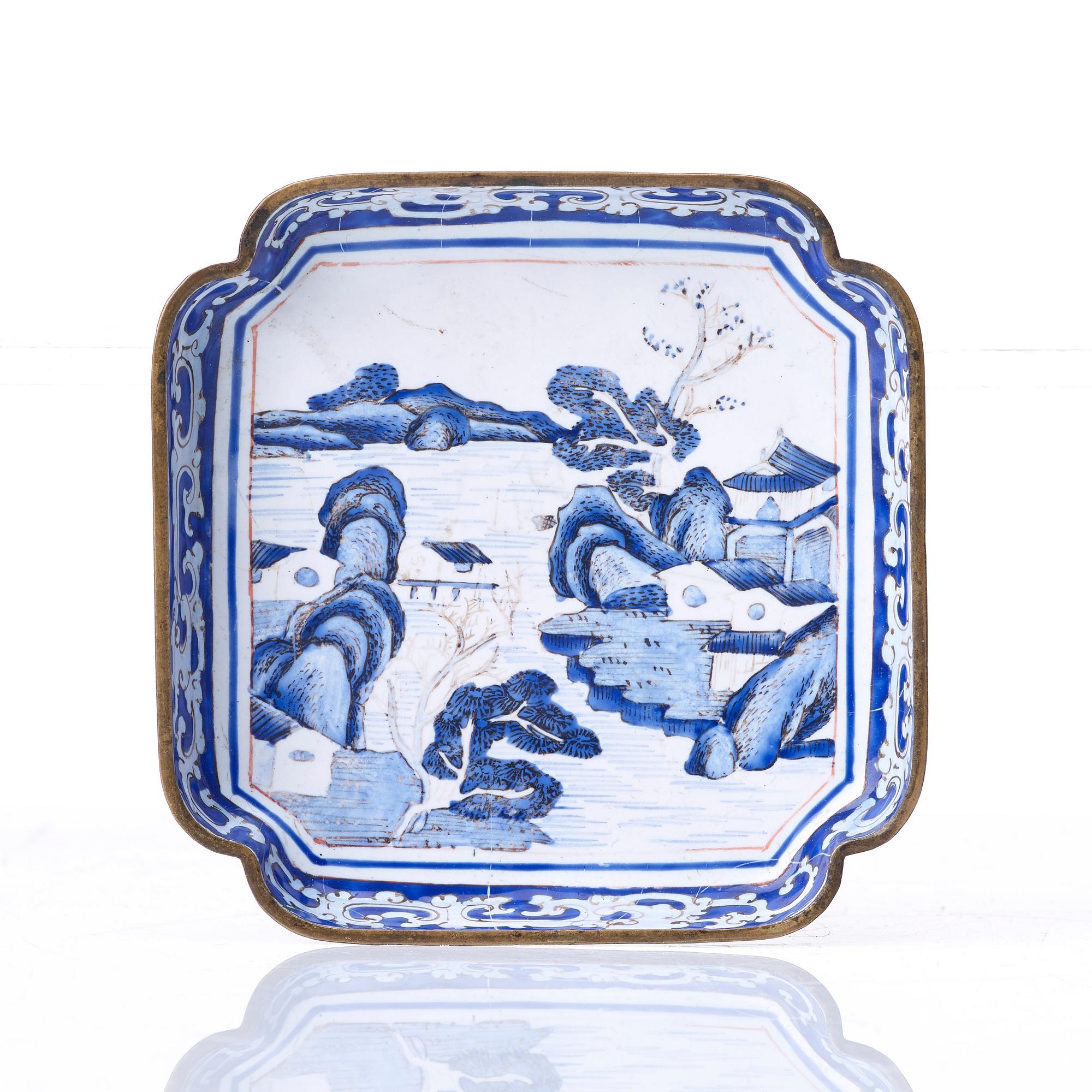 A set of five enamel on copper tea cups and a dish, Qing dynasty, circa 1800.