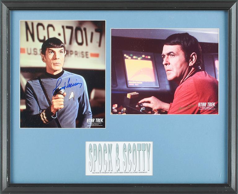 A PAIR OF STAR TREK PHOTOGRAPHS, signed by Leonard Nimoy and James Doohan.