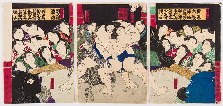 UTAGAWA KUNITERU (1830-1875), triptych, color woodblock print. Japan, 19th century. 'Sumo Wrestlers'.