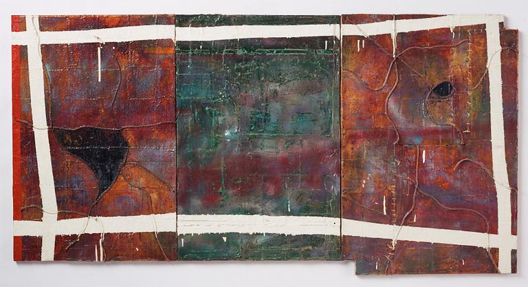 Stephen Buckley, mixed media, polyptych, signed and dated 1973 on verso.