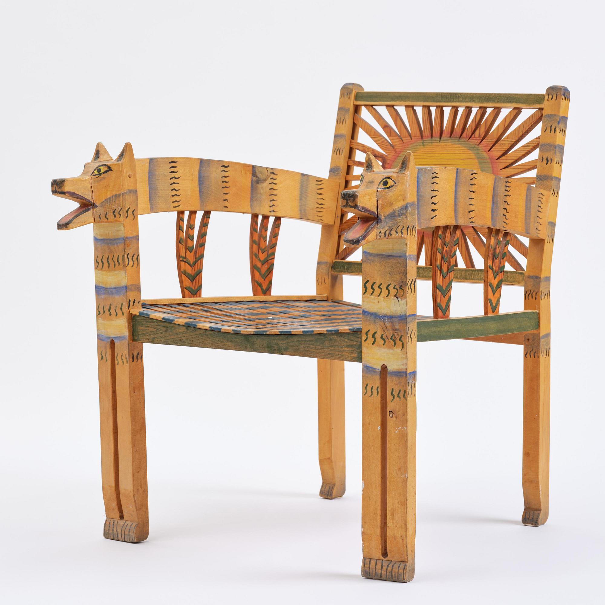 Gérard Rigot, a sculpted and painted oak chair, exectued in his studio, France, second half of the 20th century.