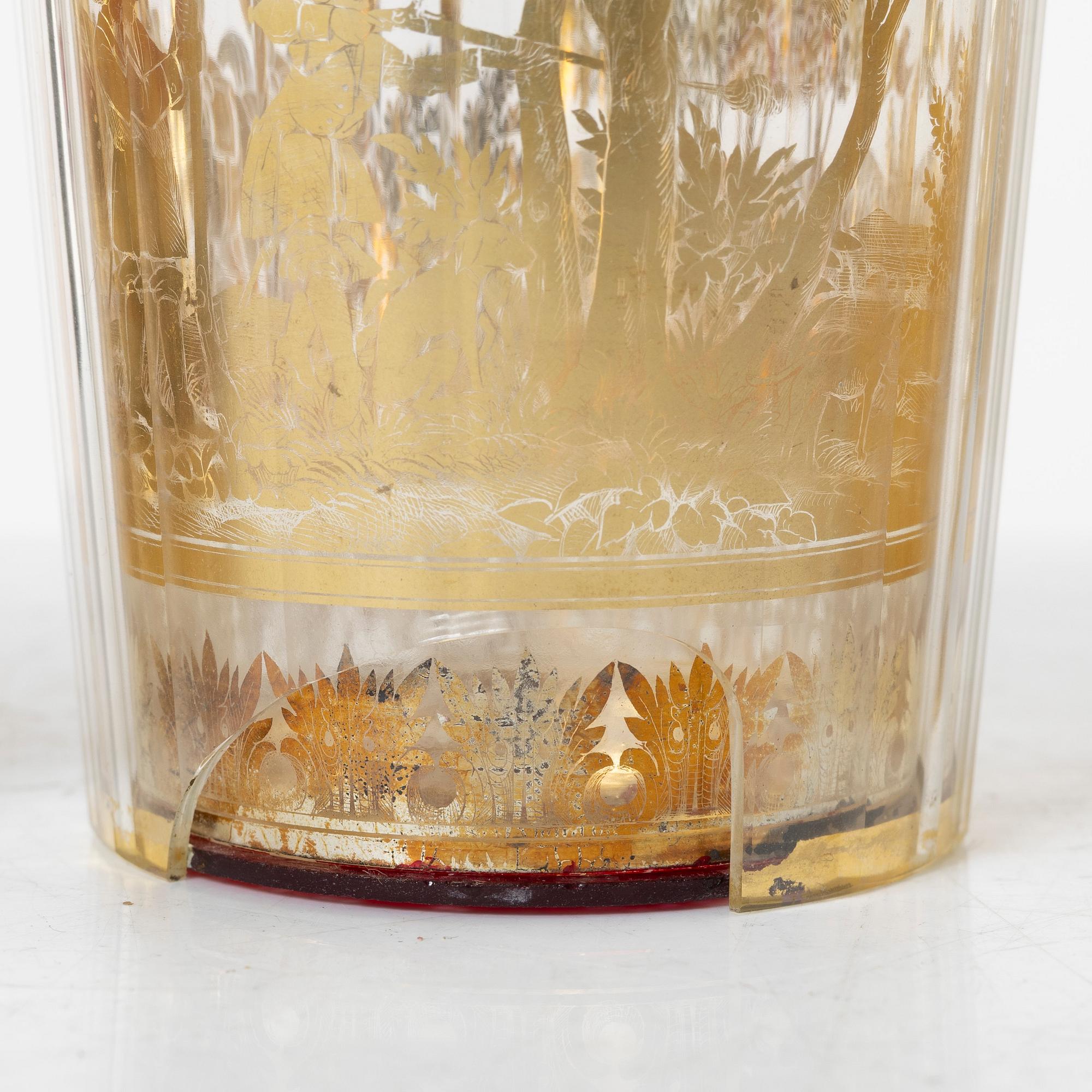 Four zwischengoldglas glasses, three of historic style from around the year 1900, one older.