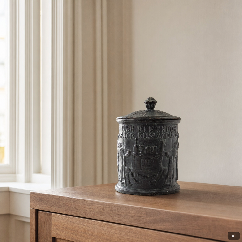 Tobacco tin, cast iron, early 20th century.