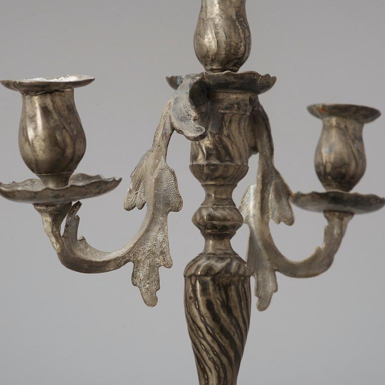 A pair of Swedish Rococo pewter three-light candelabra by A. Wetterquist 1774.