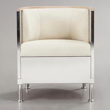 Mats Theselius, an 'Inox' polished steel, white soaped oak and white leather, nubuck armchair, Källemo, Sweden post 2015.