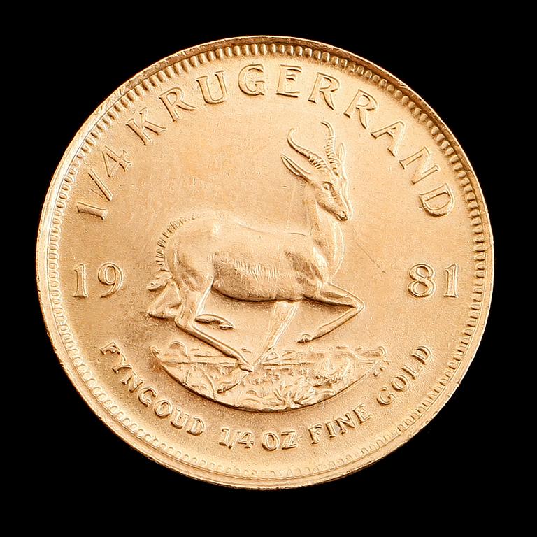 GULDMYNT, 1/4 krügerrand, Sydafrika, 1981. Vikt ca 8 gram.