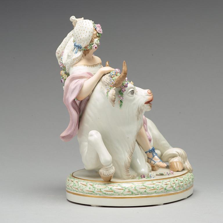 A Royal Copenhagen allegorical porcelain figure representing 'Europe and the Bull'. Denmark, 1920.