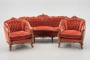 SOFFA samt FÅTÖLJER, ett par, rokokostil, 1900-talets andra hälft.