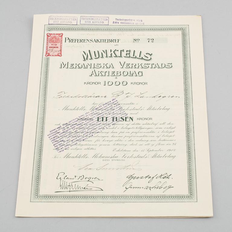 AKTIEBREV, 8 st, samt OBLIGATIONER, 2 st, Sverige, 1900-talets första del.