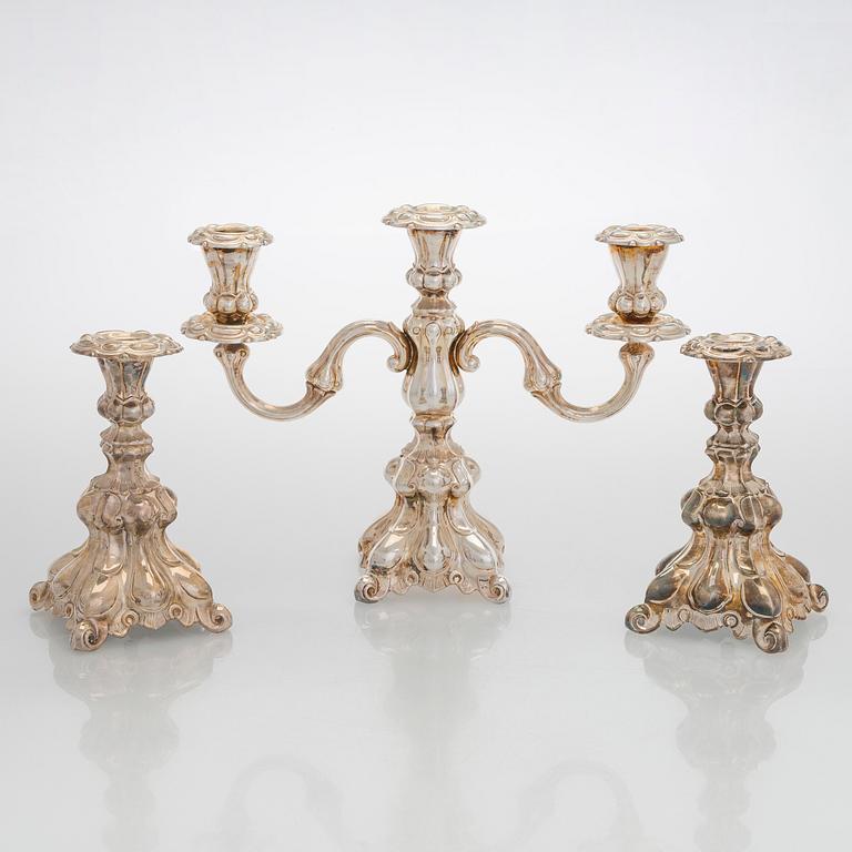 A silver candelabra and a pair of silver candlestick, Kultakeskus Hämeenlinna 1962 and 1985.
