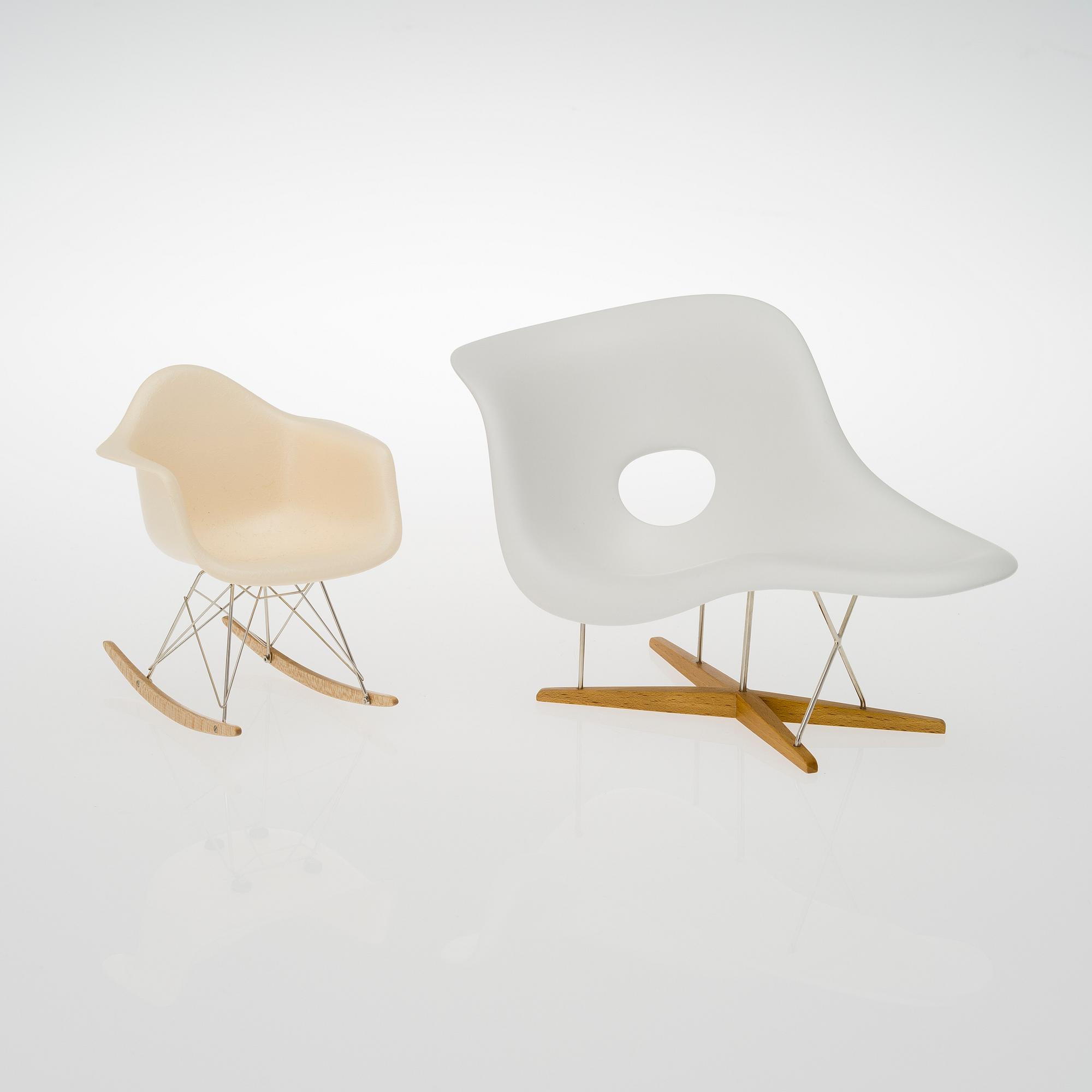 TWO CHARLES & RAY EAMES MINIATURES, "La Chaise" and "RAR", plastic, wood, fiberglass, metal, Vitra Design Museum.