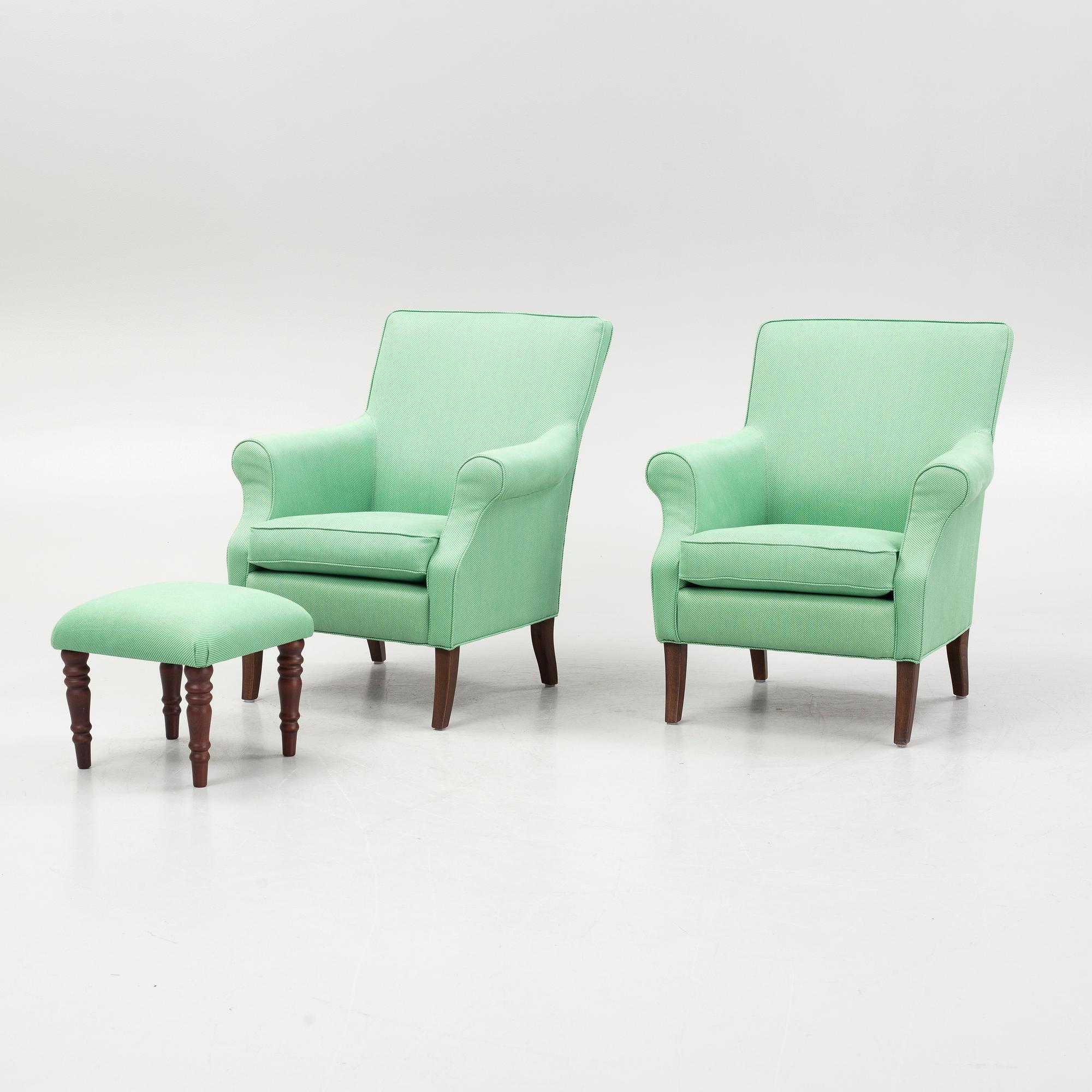 Marie Norell-Möller, fåtöljer, ett par, "Leo", Norell Möbler samt en fotpall.