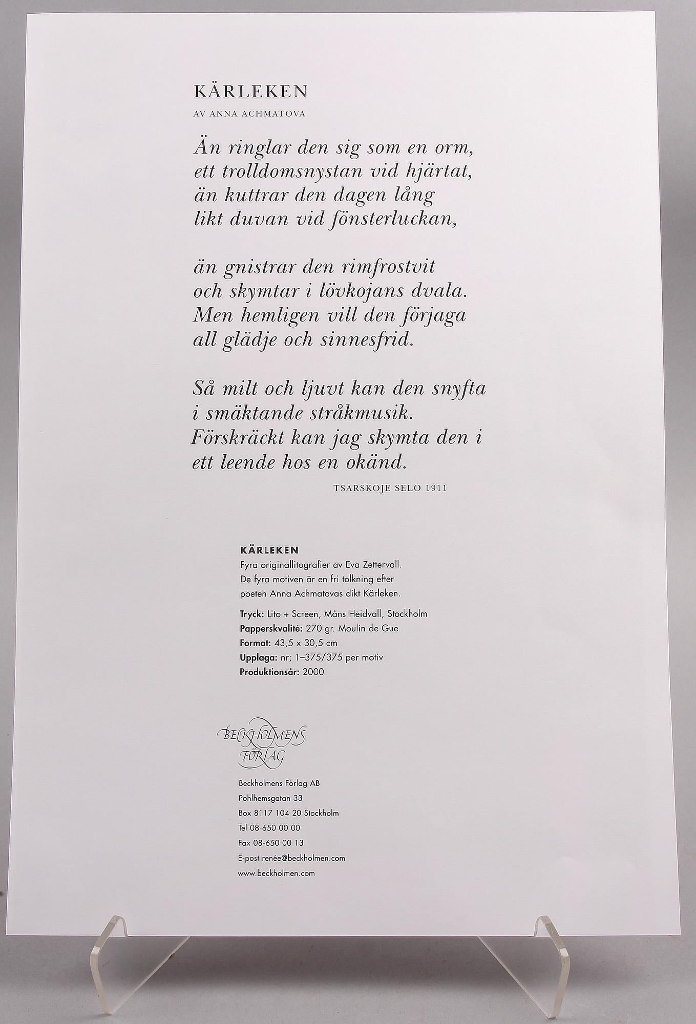 EVA ZETTERWALL, färglitografier, 4 st i mapp, sign o numr 105/375.