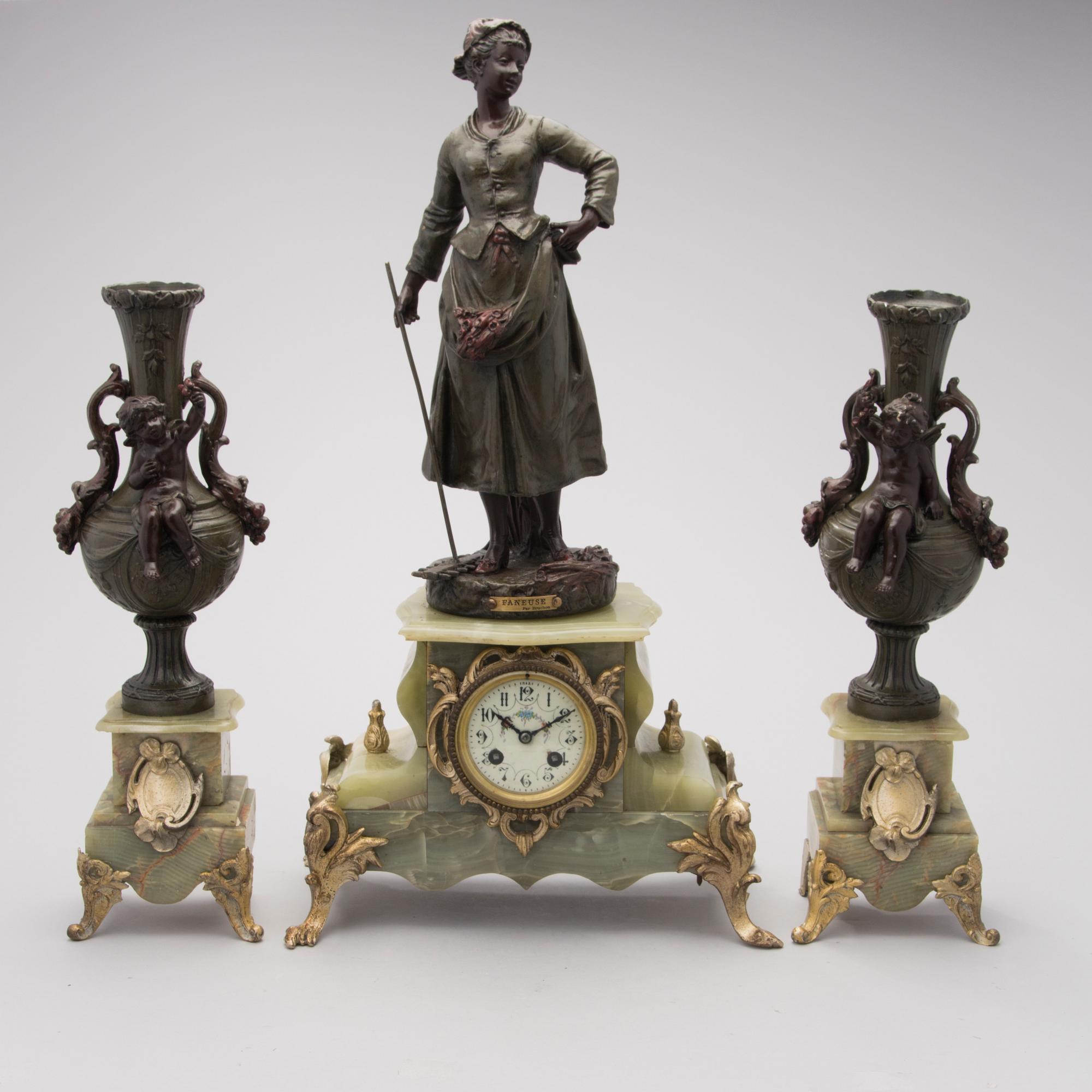 French mantel clock set, mantel clock marked Horlogerie Paris 7742, late 19th century.