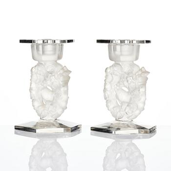 René Lalique, a pair of “Mésanges” cast glass candlesticks, France, post-1943.