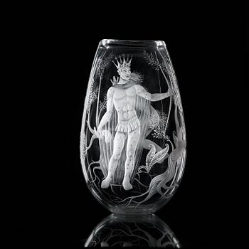 Vicke Lindstrand, an engraved glass vase ''Midsummer night's dream', Kosta, Sweden 1987.