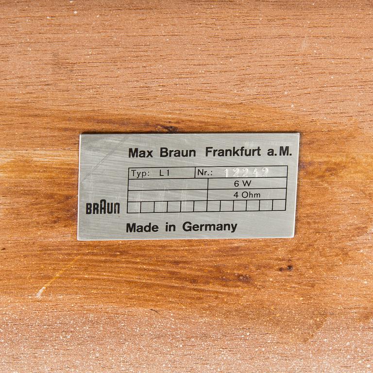 Dieter Rams, radiogrammofoni, "Phonosuper SK-5", Hans Gugelot & Dieter Rams, sekä kaiuttimet, "L1", Braun AG. Saksa, 1950-60-luku.