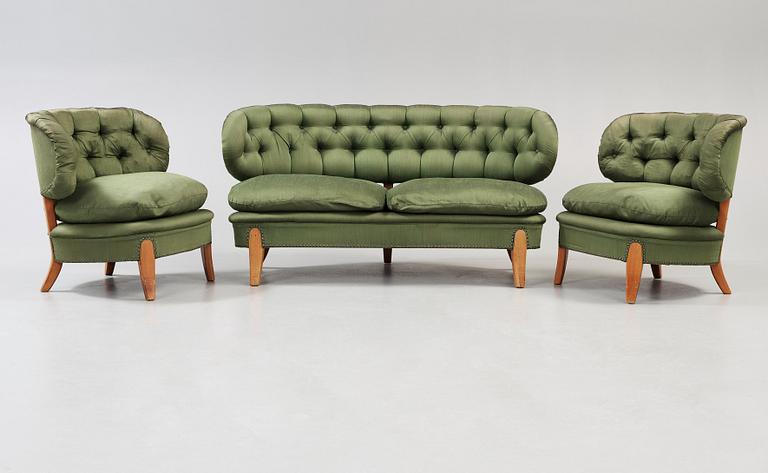 A set of Otto Schulz sofa and a pair of armchairs, model 'Schulz', Jio Möbler, Jönköping, Sweden.