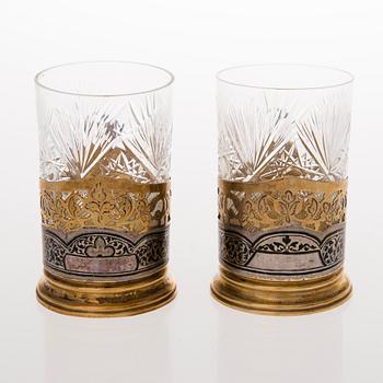 Six Russian tea glass holders, silver, metal and enamel, latter half of the 20th century.