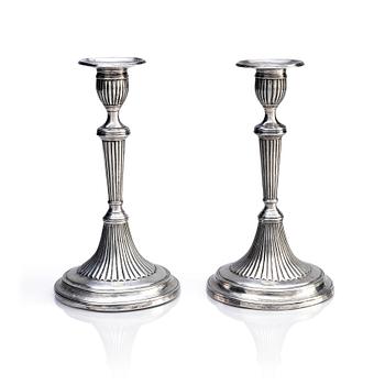 416. A pair of French 18th century silver candlesticks, unidentified makers mark FG, Dijon.