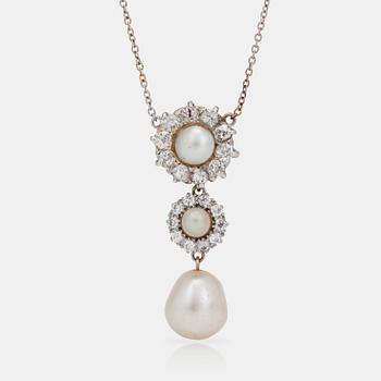 1047. A natural pearl and old-cut diamond necklace.