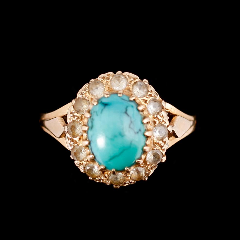 RING, 18 k guld, med turkos och vita stenar.