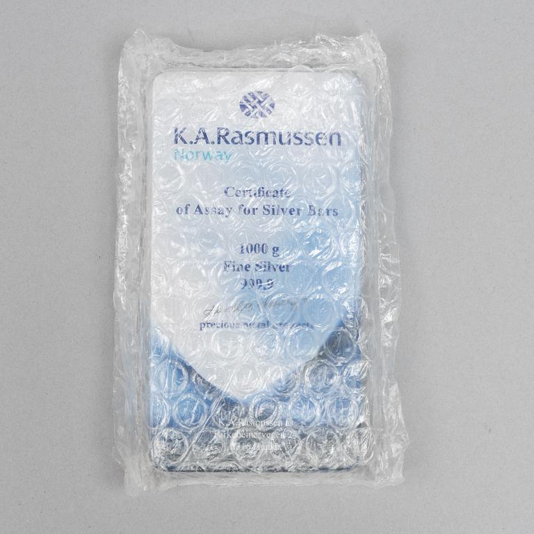 A silver bar, 1000 grams of fine silver, K.A. Rasmussen, Norway.