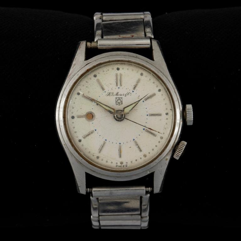ARMBANDSUR, herr, stål, Hy. Moser & Cie, Alarm, 1950-tal.