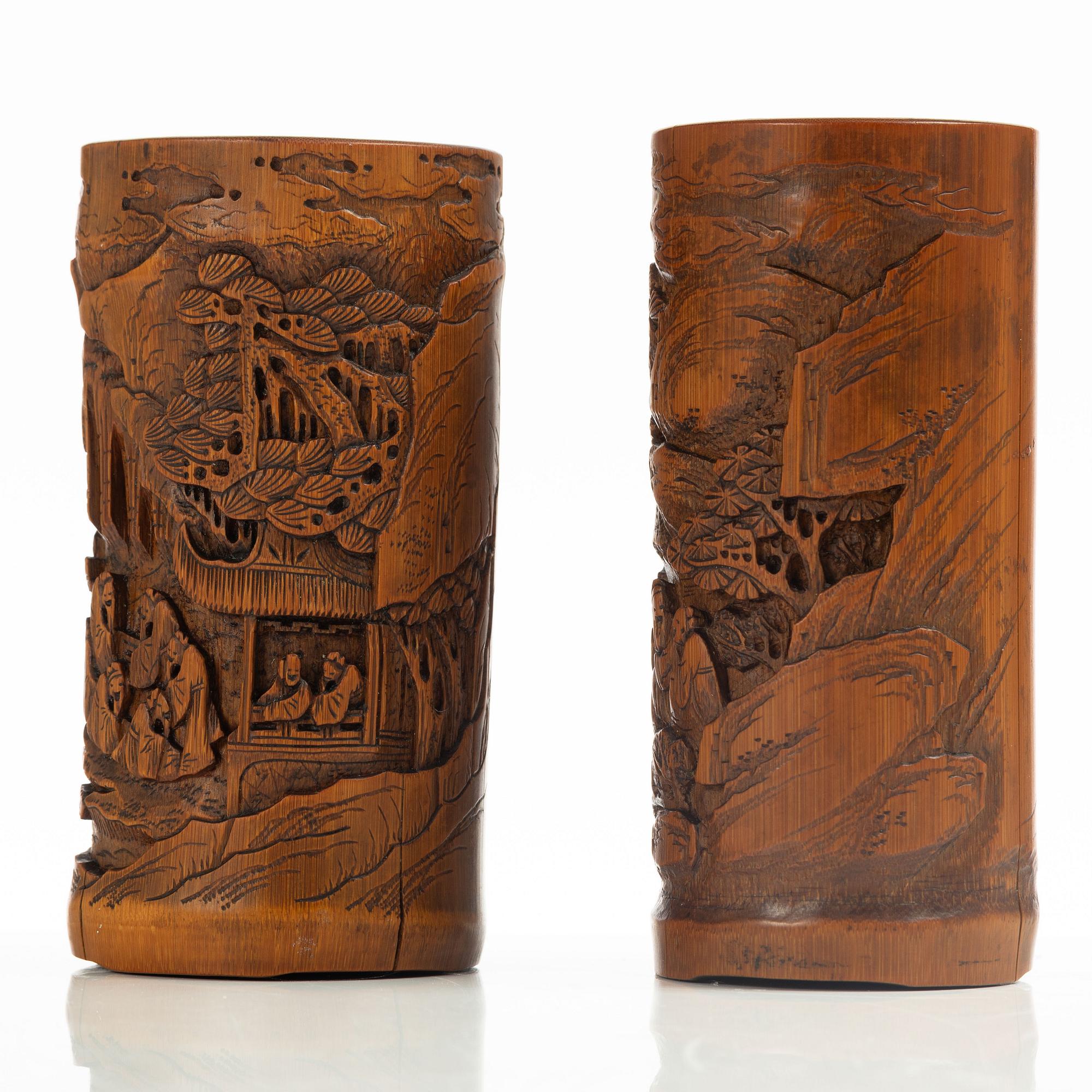 Two Chinese bamboo brush stands, late Qing dynasty / 20th century.