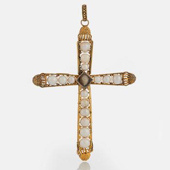 A pearl cross pendant and two pearl necklaces.