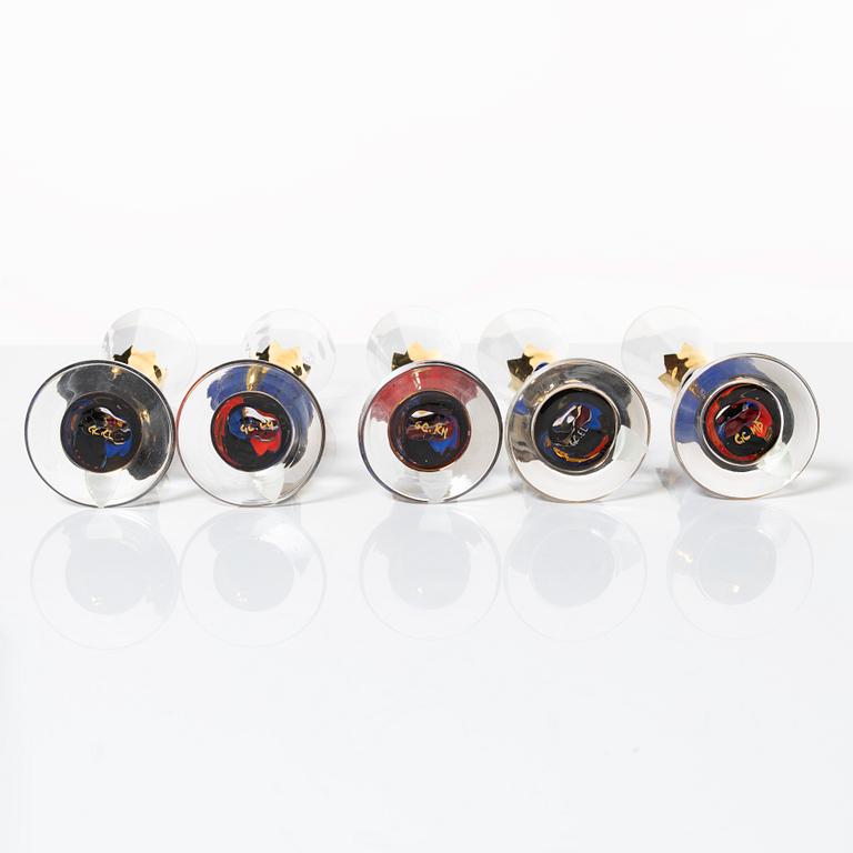 Gunnar Cyrén, snapsglas, 5 st, s.k. "djävulsglas", ur "Nobel" servisen, Orrefors.