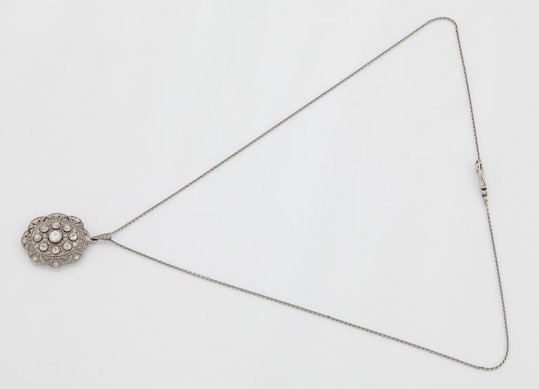 A platinum pendant set with old- and rose-cut diamonds.