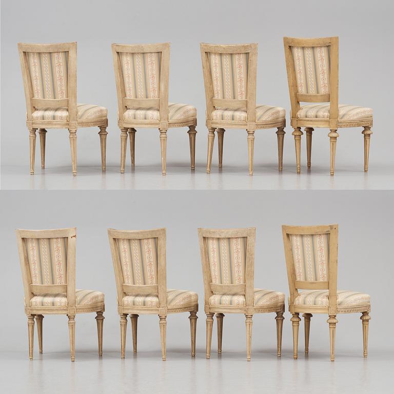 An assembled suite of eight Gustavian chairs, six of which by J. Lindgren (master 1770-1800).