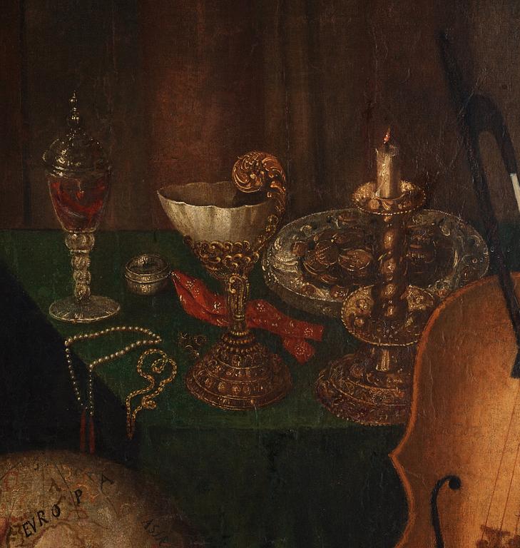 Vanitas med silverföremål, musikinstrument och döskalle.