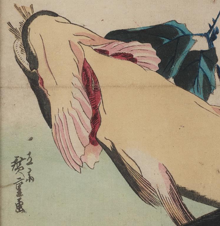 UTAGAWA HIROSHIGE (1797-1858), efter, färgträsnitt. Japan, "Fisk i Vattnet", sent 1800-tal/tidigt 1900-tal.