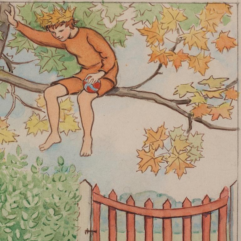 Elsa Beskow, Lasse throwing a ball to Prince September in the maple tree.