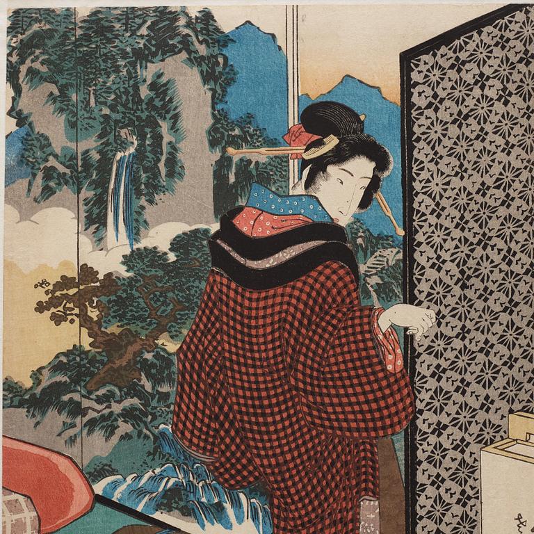 UTAGAWA KUNISADA, även kallad Toyokuni III (1786-1864), triptyk, färgträsnitt. Japan, Eight Views of Edo Figures".