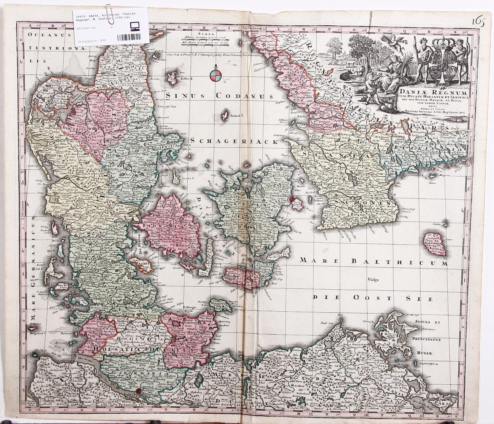 KARTA, kolorerad. "Daniae Regnum", M. Seutter, 1700-tal.