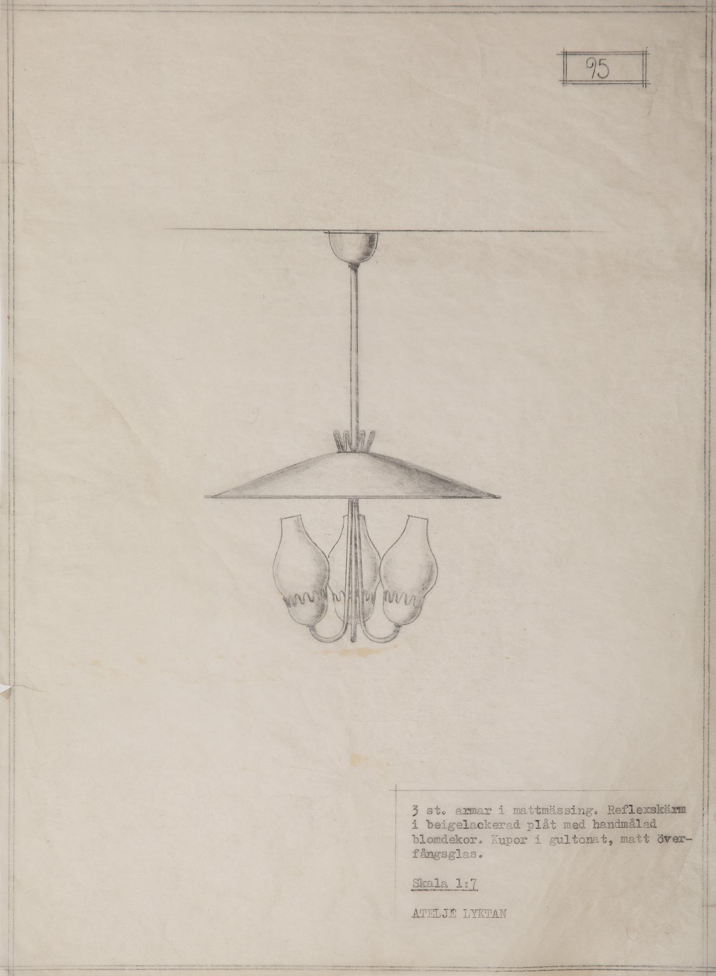 Hans Bergström, a ceiling lamp, model "95", ateljé Lyktan, Sweden 1940-50s.