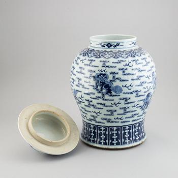 A large blue and white jar with cover, China, 20th Century.