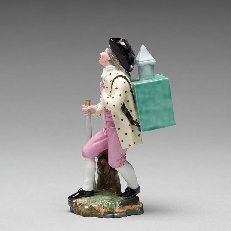 A porcelain figure of a man with a walking staff, 'Höchst mark', 19th Century.