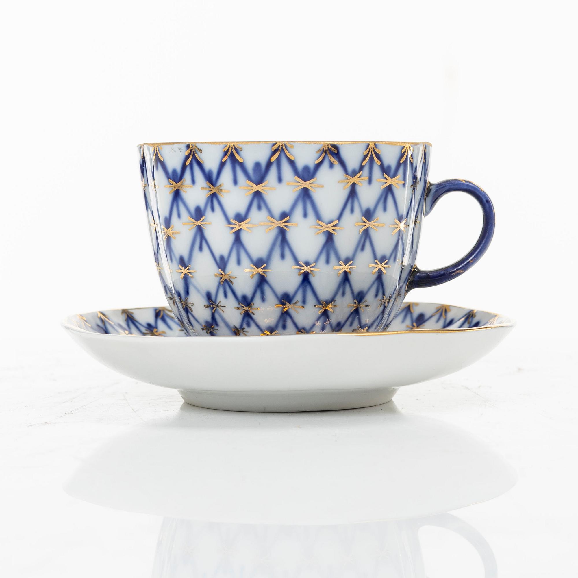 A 15-piece coffee and tea service, 'Cobalt Net', Lomonosov, Soviet Union.