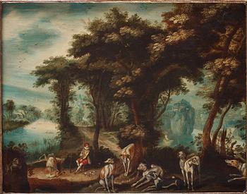 Sebastiaen Vrancx Attributed to, Landscape with hunter and dogs.
