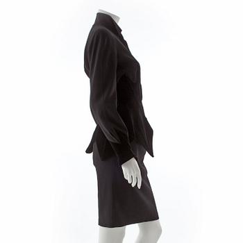 THIERRY MUGLER, a two-piece black wool and velvet dress consisting of jacket and skirt.
