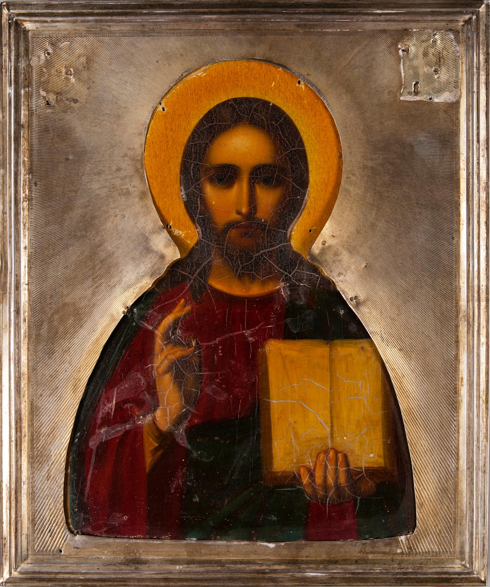 IKON med silverrisa samt emaljerad gloria, olja på pannå, Moskva 1908-1917.