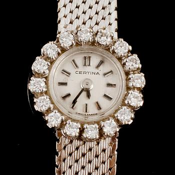 DAMARMBANDSUR, 18k vitguld, 16 briljantslipade diamanter, Certina, Schweiz, omkring 1900-talets mitt. Vikt 24 g.