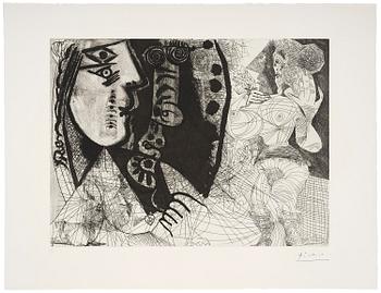 730. Pablo Picasso, "Couple: Femme et homme-chien, avec femme à la fleur", from: Series 156.