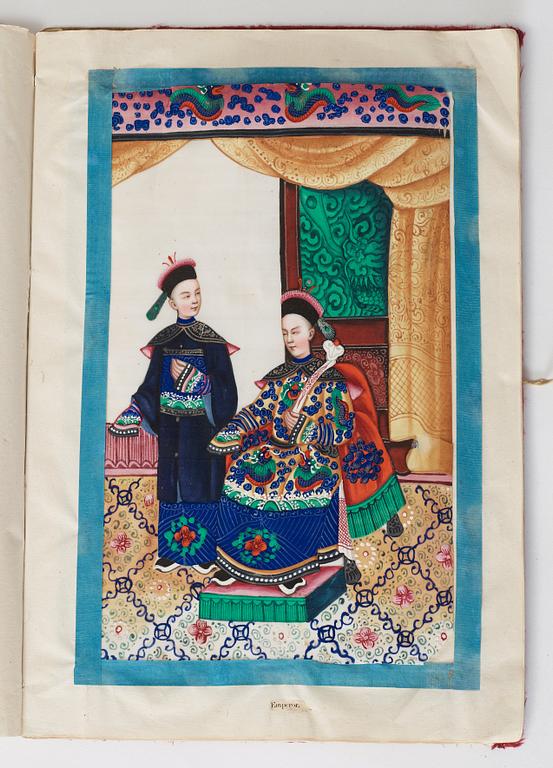 Album comprising 12 export gouaches on pith paper, portraying the Chinese court, Qing dynasty, late 19th Century.