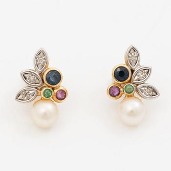 Necklace with matching earrings, 18K gold with pearls, diamonds, emeralds, rubies and sapphires.